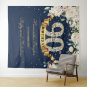 ネイビー金ゴールドグリーンフローラ90th誕生日の背景 タペストリー (インサイチュ(横))