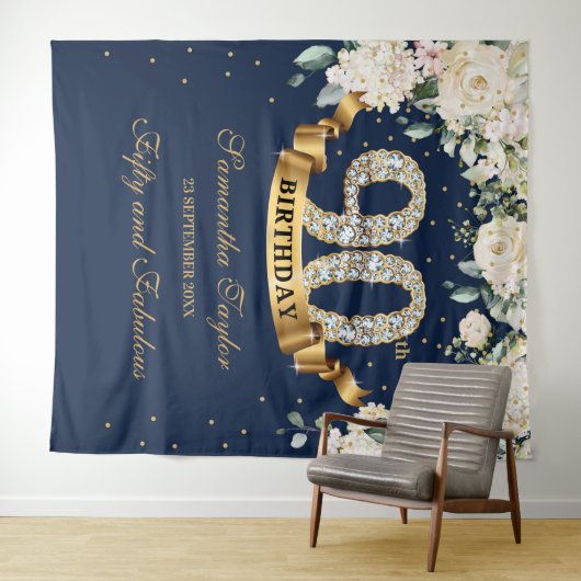 ネイビー金ゴールドグリーンフローラ90th誕生日の背景 タペストリー (インサイチュ(横))
