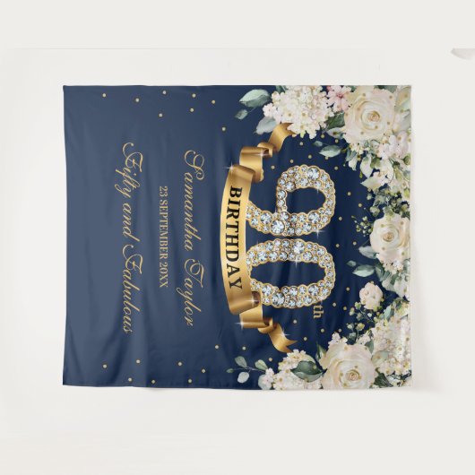 ネイビー金ゴールドグリーンフローラ90th誕生日の背景 タペストリー (正面(横))