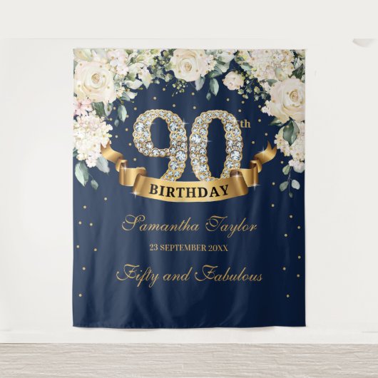 ネイビー金ゴールドグリーンフローラ90th誕生日の背景 タペストリー (正面)