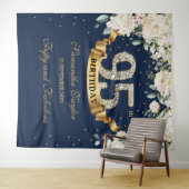 ネイビー金ゴールドグリーンフローラ95th誕生日の背景 タペストリー (インサイチュ(横))