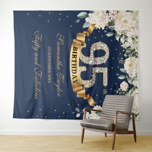 ネイビー金ゴールドグリーンフローラ95th誕生日の背景 タペストリー (インサイチュ(横))