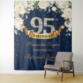 ネイビー金ゴールドグリーンフローラ95th誕生日の背景 タペストリー (インサイチュ)