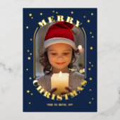 ネイビー金ゴールドスターズオブロン写真メリークリスマス 箔シーズンカード (正面)