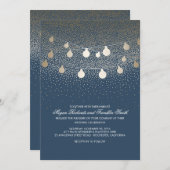 ネイビー金ゴールドストリングライトグリッターヴィンテージウェディング 招待状 (正面/裏面)