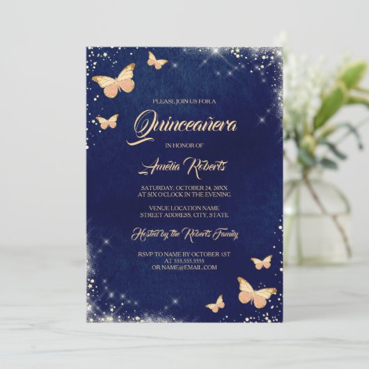 ネイビー金ゴールドスパークルバタフライドレスキンセアニェラ 招待状 (スタンド正面)