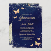 ネイビー金ゴールドスパークルバタフライドレスキンセアニェラ 招待状 (正面/裏面)