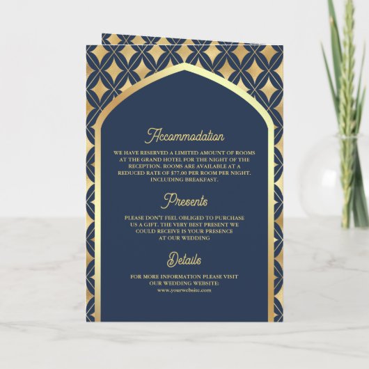 ネイビー金ゴールドダイヤモンドアーチQRコードムスリム結婚ズ 招待状 (裏面)