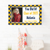 ネイビー金ゴールドチェッカーボード写真卒業 横断幕 (インサイチュ)