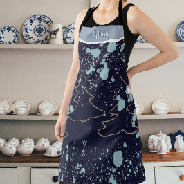 ネイビー金ゴールドツリー白い雪キャビン湖の家 エプロン