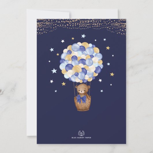 ネイビー金ゴールドテディベア気球ボーイベビーシャワー 招待状 (裏面)