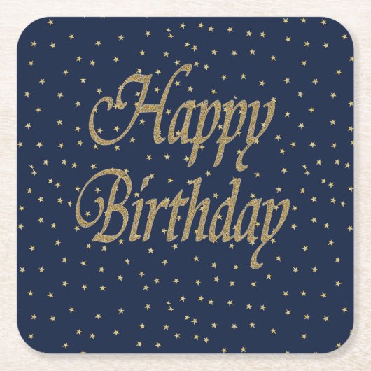 ネイビー金ゴールドハッピーバースデー スクエアペーパーコースター (正面)