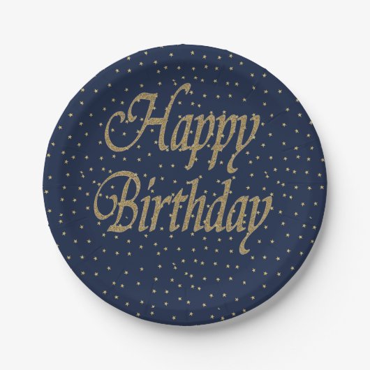ネイビー金ゴールドハッピーバースデー ペーパープレート (正面)