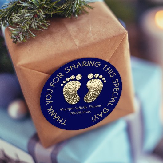 ネイビー金ゴールドハート足ベビーシャワーお願いありがとう ラウンドシール