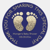 ネイビー金ゴールドハート足ベビーシャワーお願いありがとう ラウンドシール (正面)