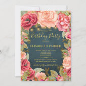 ネイビー金ゴールドピンクのバラの光の誕生日パーティー 招待状 (正面)