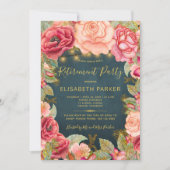 ネイビー金ゴールドピンクのバラ園の退職パーティー 招待状 (正面)