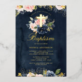 ネイビー金ゴールドピンクフローラバプテスマ 箔招待状 (正面)
