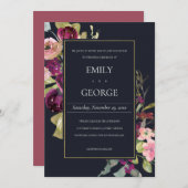 ネイビー金ゴールドピンクブルゴーニュバラフローラ結婚式の招待 サンキューカード (正面/裏面)