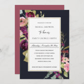 ネイビー金ゴールドピンクレッドローズフローラブライダルシャワー招待状 サンキューカード (正面/裏面)