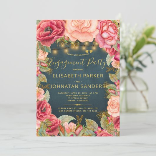 ネイビー金ゴールドピンクローゼライト婚約パーティ 招待状 (スタンド正面)