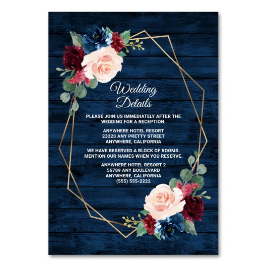 ネイビー金ゴールドピンク結婚のエンクロージャカード テーブルナンバー (正面)