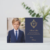 ネイビー金ゴールドファーストエレガントコミュニオンボーイフォトクレスト サンキューカード (スタンド正面)