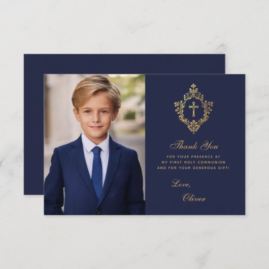 ネイビー金ゴールドファーストエレガントコミュニオンボーイフォトクレスト サンキューカード (正面/裏面)