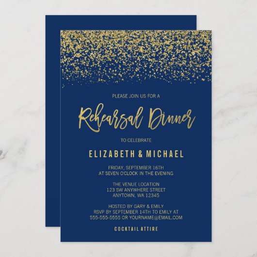 ネイビー金ゴールドフェイクグリッターリハーサルディナー 招待状 (正面/裏面)