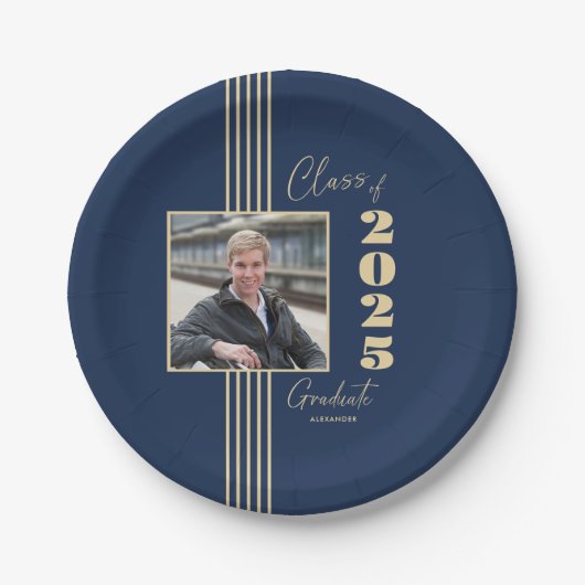 ネイビー金ゴールドフォトフレーム2025年卒業 ペーパープレート (正面)