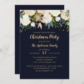 ネイビー金ゴールドフローラグリッタークリスマスパーティーカード 招待状 (正面/裏面)