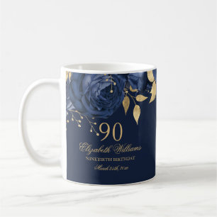 ネイビー金ゴールドフローラバラ90誕生日 コーヒーマグカップ