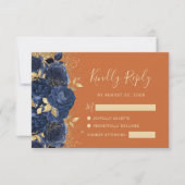 ネイビー金ゴールドフローラバーンドオレンジウェディングRSVPカード 出欠カード (正面)
