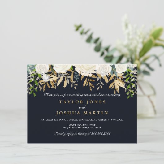 ネイビー金ゴールドフローラリハーサルディナー招待状 招待状 (スタンド正面)