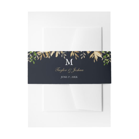 ネイビー金ゴールドフローラ水結婚色のベリーバンド 招待状ベリーバンド (正面例)