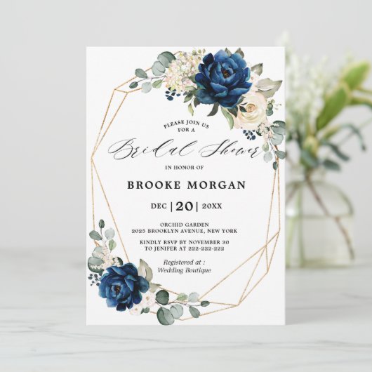 ネイビー金ゴールドホワイトアイボリー幾何学ブライダルシャワー 招待状 (スタンド正面)