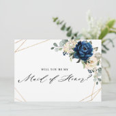 ネイビー金ゴールドホワイトアイボリー私のメイド・オブ・オーナー(花嫁付き添い人) 招待状 (スタンド正面)