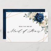 ネイビー金ゴールドホワイトアイボリー私のメイド・オブ・オーナー(花嫁付き添い人) 招待状 (正面/裏面)