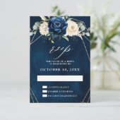 ネイビー金ゴールドホワイトシャンパンアイボリージオメトリック結婚ス 出欠カード (スタンド正面)