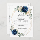 ネイビー金ゴールドホワイトシャンパンアイボリーバラウェディングRSVP ポストカード (正面/裏面)