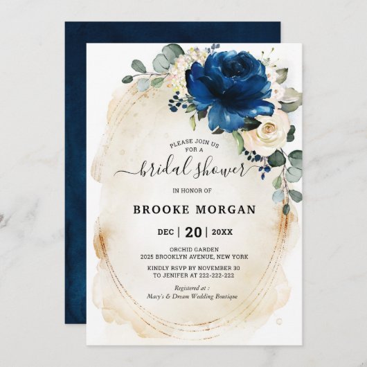 ネイビー金ゴールドホワイトシャンパンアイボリーバラブライダルシャワー 招待状 (正面/裏面)