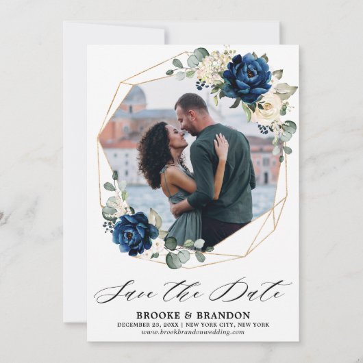 ネイビー金ゴールドホワイトシャンパンアイボリーバラ セーブザデート (正面)