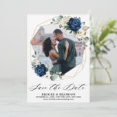 ネイビー金ゴールドホワイトシャンパンアイボリーバラ セーブザデート (スタンド正面)