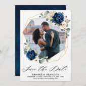 ネイビー金ゴールドホワイトシャンパンアイボリーバラ セーブザデート (正面/裏面)