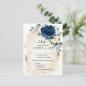 ネイビー金ゴールドホワイトシャンパンアイボリーバラRSVP ポストカード (スタンド正面)