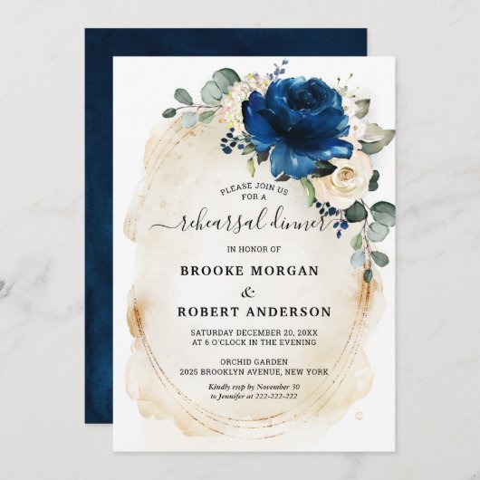 ネイビー金ゴールドホワイトシャンパンアイボリーリハーサルディナー 招待状 (正面/裏面)