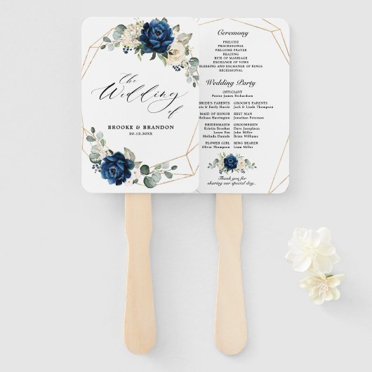 ネイビー金ゴールドホワイトシャンパンアイボリー幾何学プログラム ハンドファン (正面&裏面)