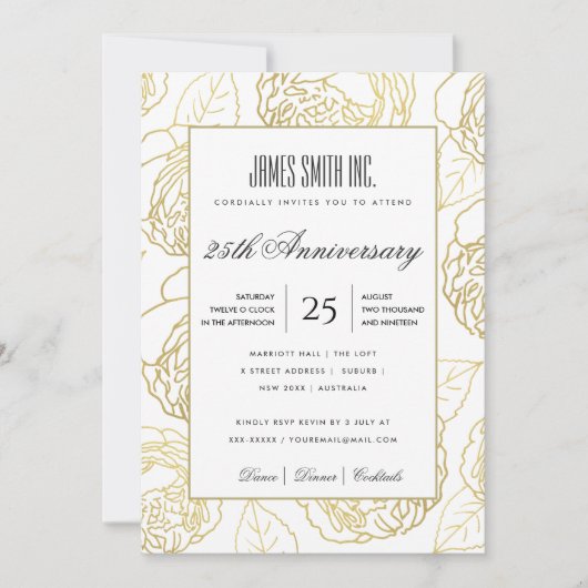 ネイビー金ゴールドホワイトローズフローラ企業のパーティーイベント 招待状 (正面)