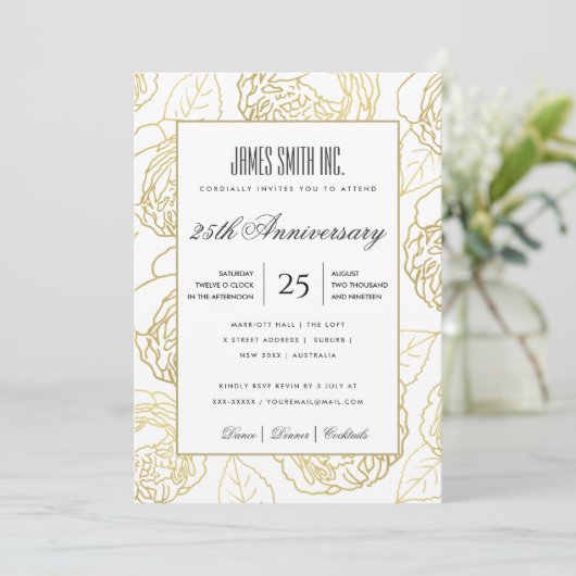 ネイビー金ゴールドホワイトローズフローラ企業のパーティーイベント 招待状 (スタンド正面)