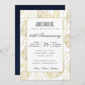 ネイビー金ゴールドホワイトローズフローラ企業のパーティーイベント 招待状 (正面/裏面)